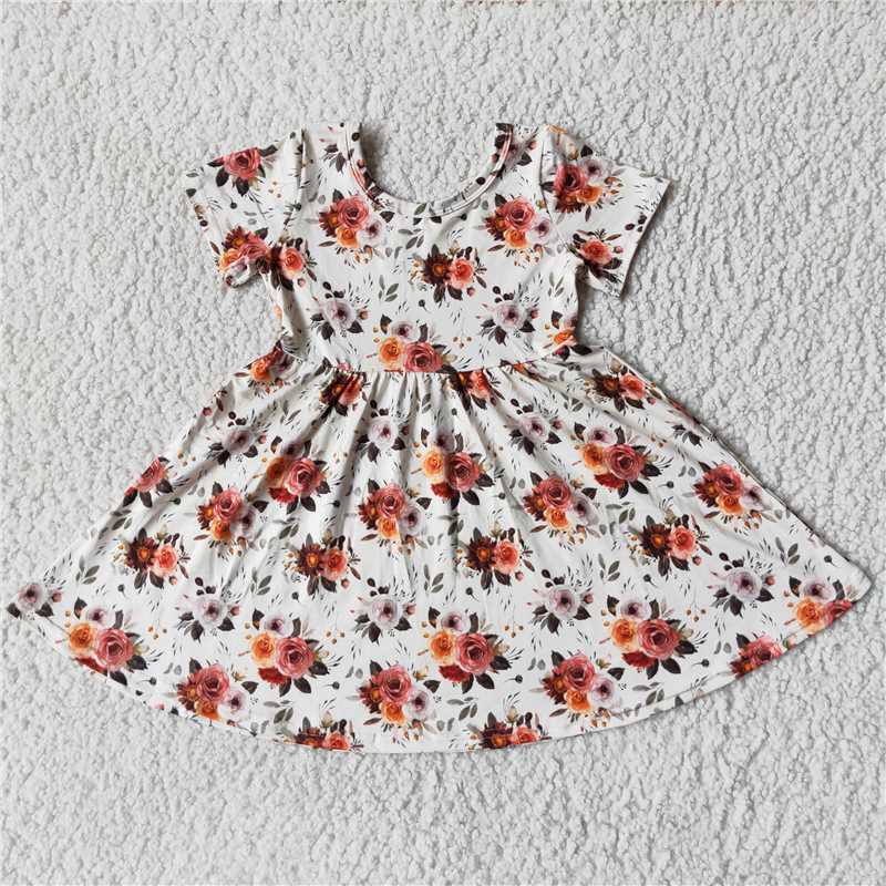 RTS SALES NO MOQ G2-23**** Beige short-sleeved dress with brown flowers