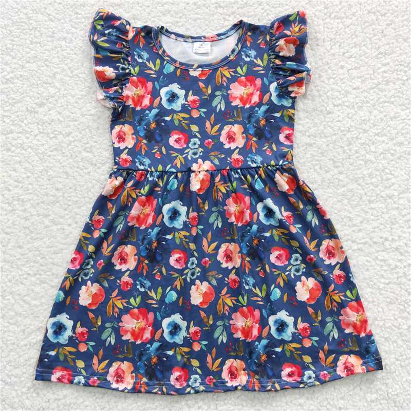 RTS SALES NO MOQ G1-11-7; Blue and red flower navy blue flying sleeve dress