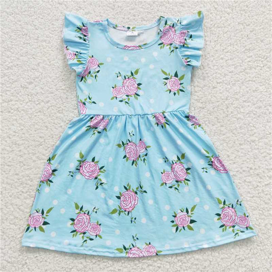 RTS SALES NO MOQ G1-11-7*** Pink flower green leaf sky blue flying sleeve dress