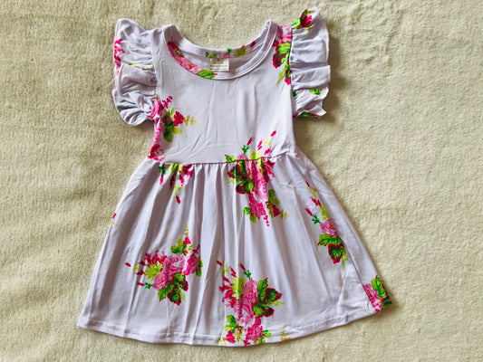 RTS SALES NO MOQ G3-15-1 Ink pink flower green leaf white flying sleeve dress