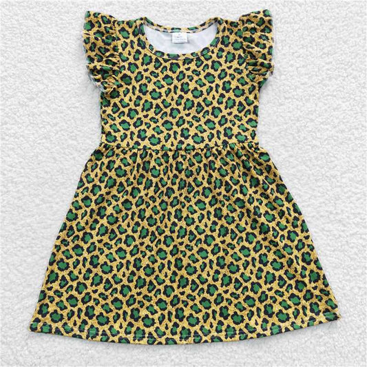 RTS SALES NO MOQ G1-11-6[. Black, green and yellow leopard print flying sleeves dress