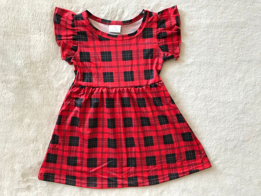 RTS SALES NO MOQ G3-15-2\. Black plaid and bright red flying sleeves skirt