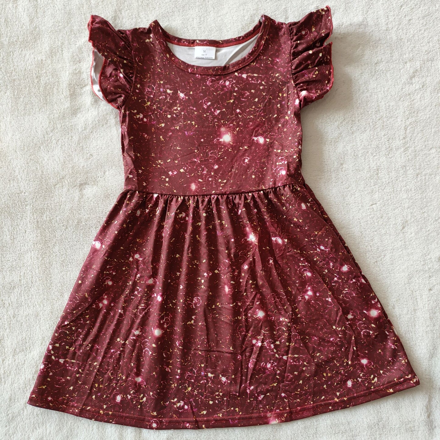 RTS SALES NO MOQ G3-19-2;. Purple-red, yellow-white dotted flying sleeves dress