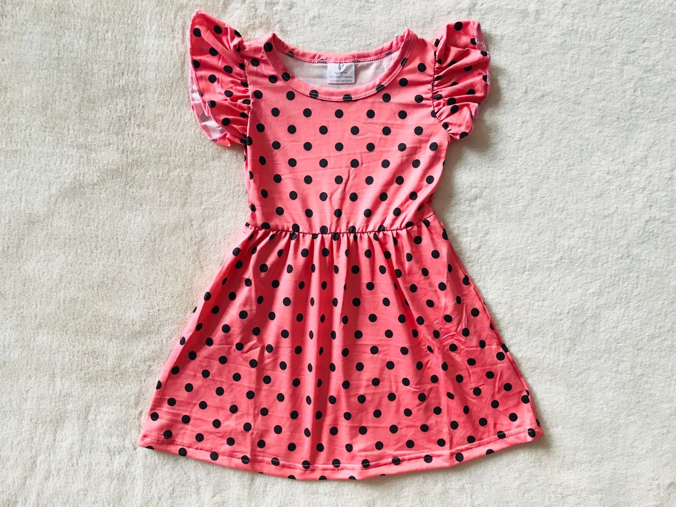 RTS SALES NO MOQ G3-15-3/* Black polka dot leather pink flying sleeve dress