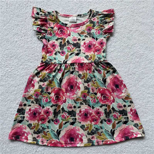 RTS SALES NO MOQ G4-23-2 Rose red large flower green leaf flying sleeve dress