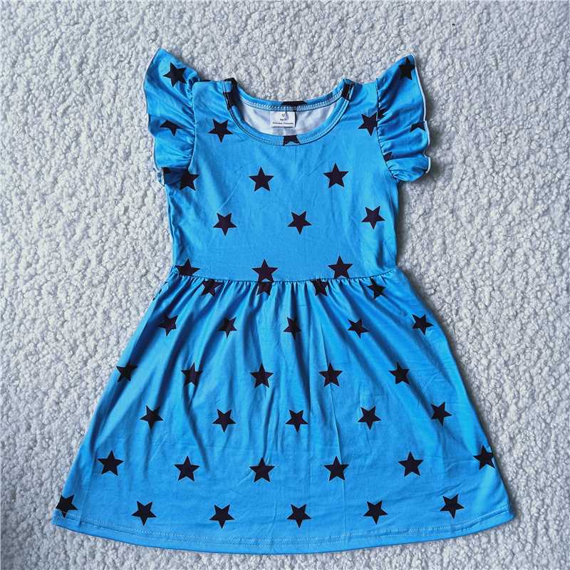 RTS SALES NO MOQ G3-3-4\\’ Black five-pointed star blue flying sleeves dress