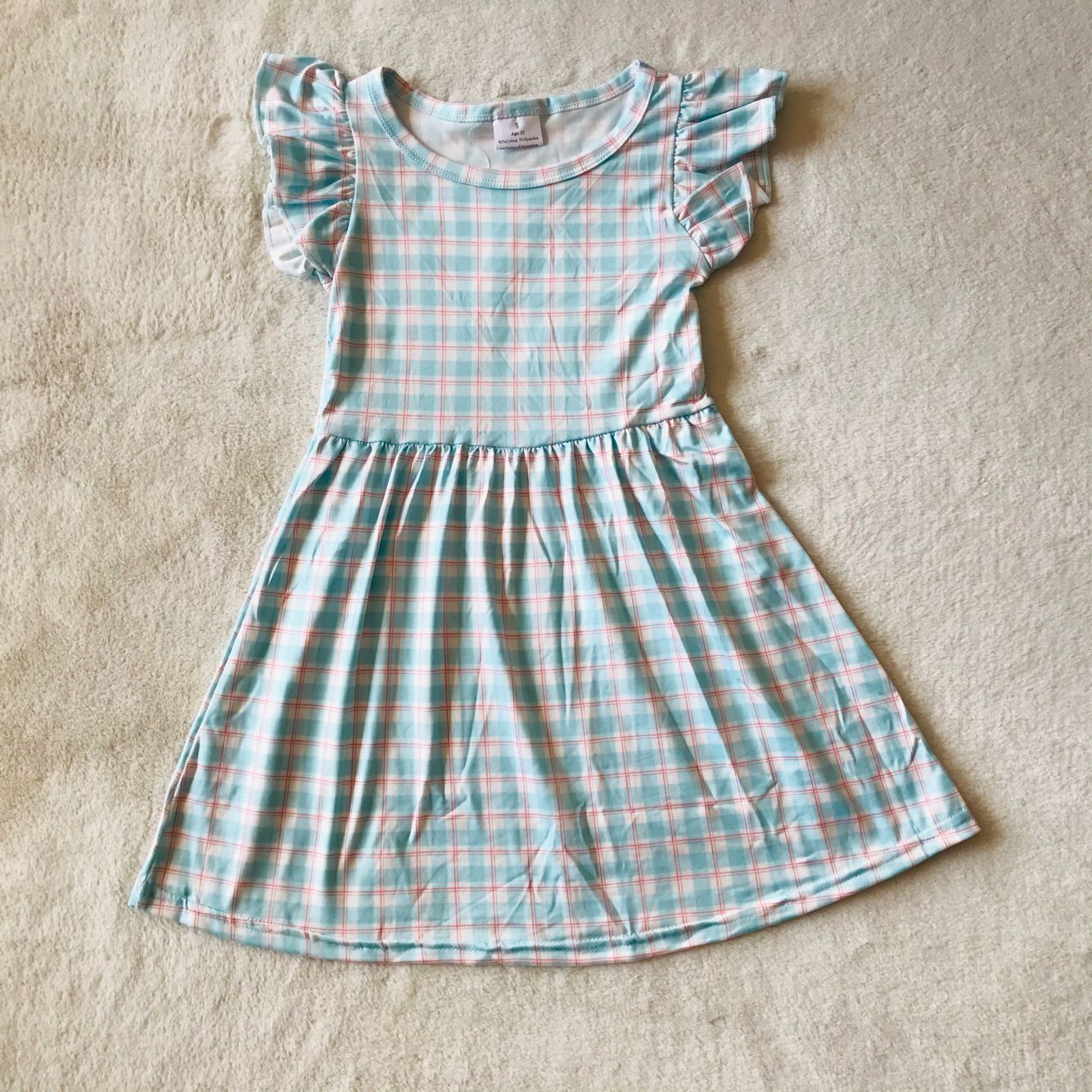 RTS SALES NO MOQ G4-7-1.. Light blue plaid red line flying sleeves dress