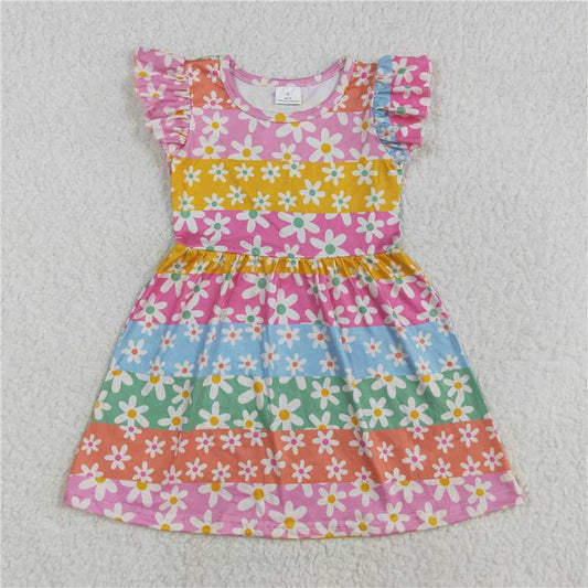 RTS SALES NO MOQ G6-19-7;,, White flower and colorful horizontal stripes flying sleeves dress