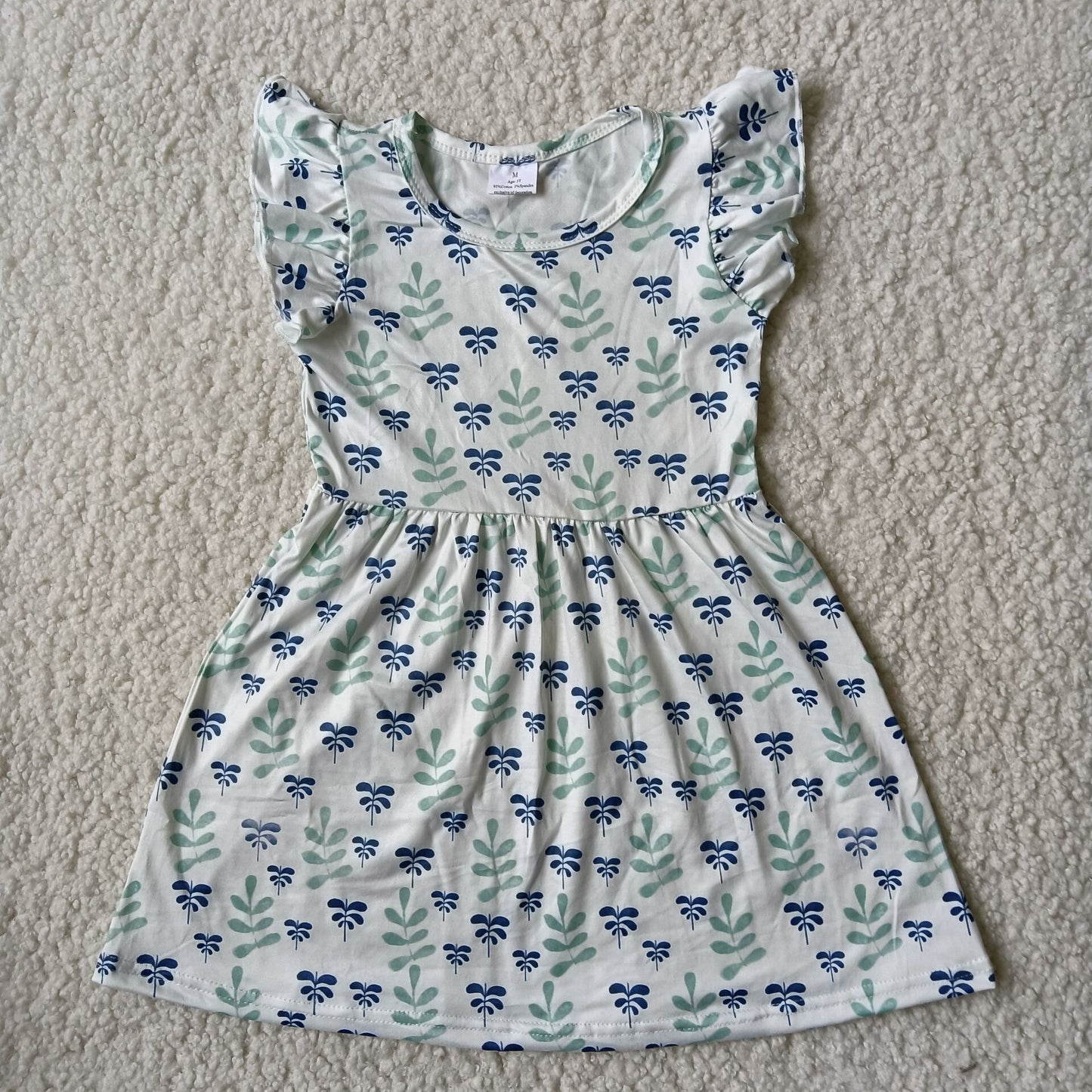 RTS SALES NO MOQ G4-7-2/. Blue-green leaf flying sleeve dress