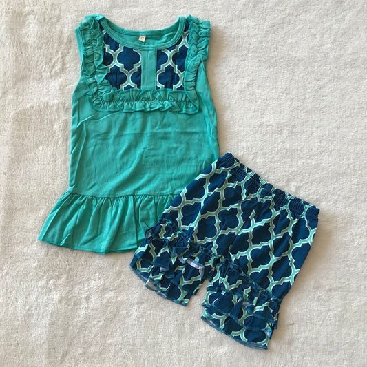 RTS SALES NO MOQ G5-2 Green sleeveless top with lace lantern shorts