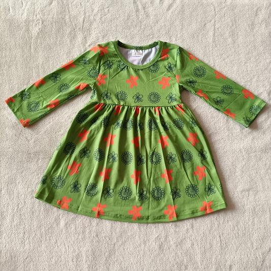 RTS NO MOQ SALES  G3-16-6- Orange flower green long-sleeved dress