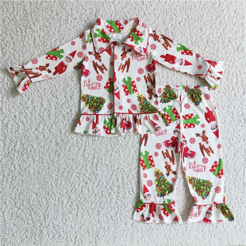 RTS NO MOQ 6 B4-39 6 C8-38 6 A22-14 Red Elk Christmas Tree Pattern Button Cardigan Long Sleeve Set