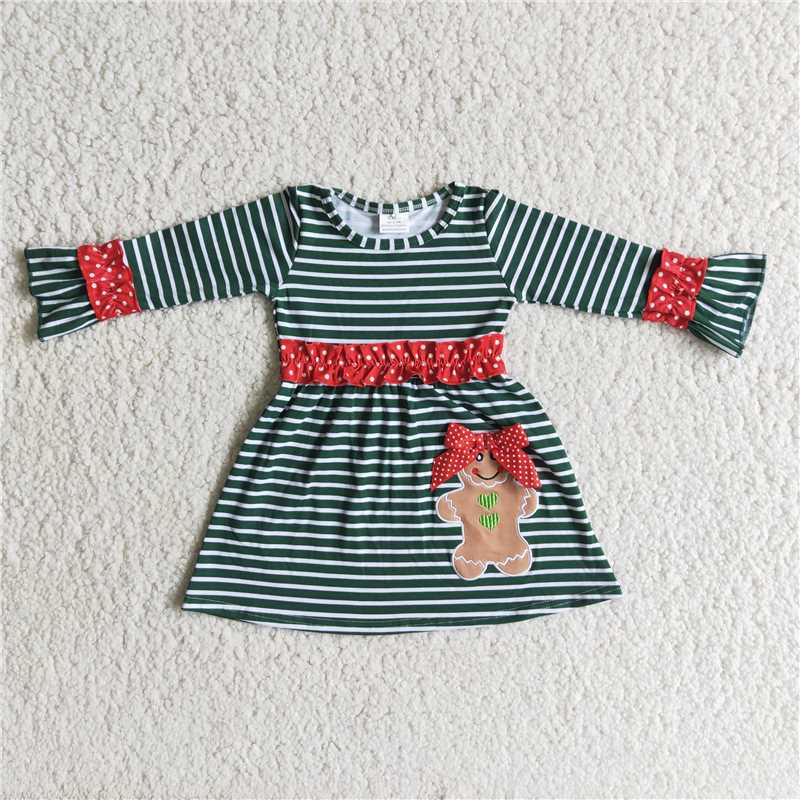 RTS NO MOQ Biscuit Bear Green Striped Long Sleeve Top & Long Sleeve Dress & Long Crawling Suit