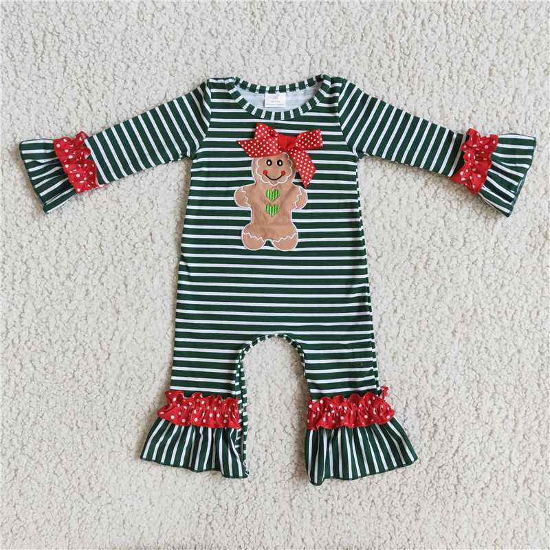 RTS NO MOQ Biscuit Bear Green Striped Long Sleeve Top & Long Sleeve Dress & Long Crawling Suit