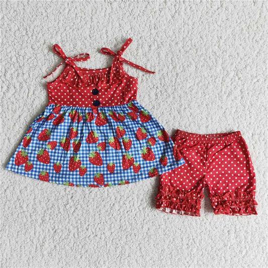 RTS SALES NO MOQ G5-2/;; Button strap strawberry shorts set