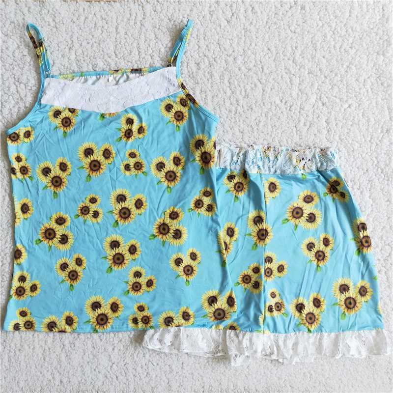 RTS SALES NO MOQ G3-2//.. Adult Sunflower Blue Strap Shorts Set