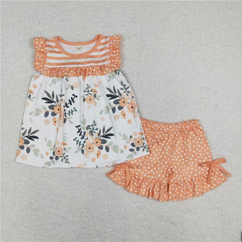 RTS SALES NO MOQ G2-3*//* Floral striped top and orange polka dot shorts