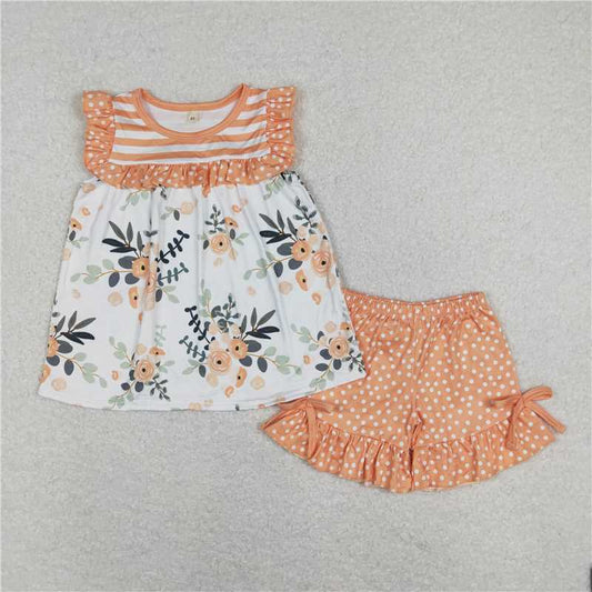 RTS SALES NO MOQ G2-3*//* Floral striped top and orange polka dot shorts