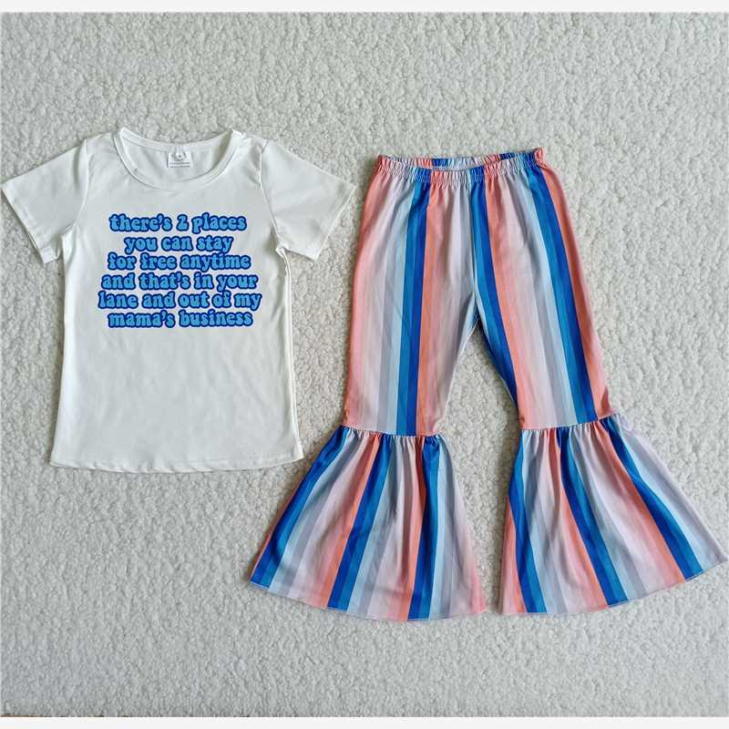 rts no moq D10-15 Alphabet Short Sleeve Multicolor Striped Flared Pants