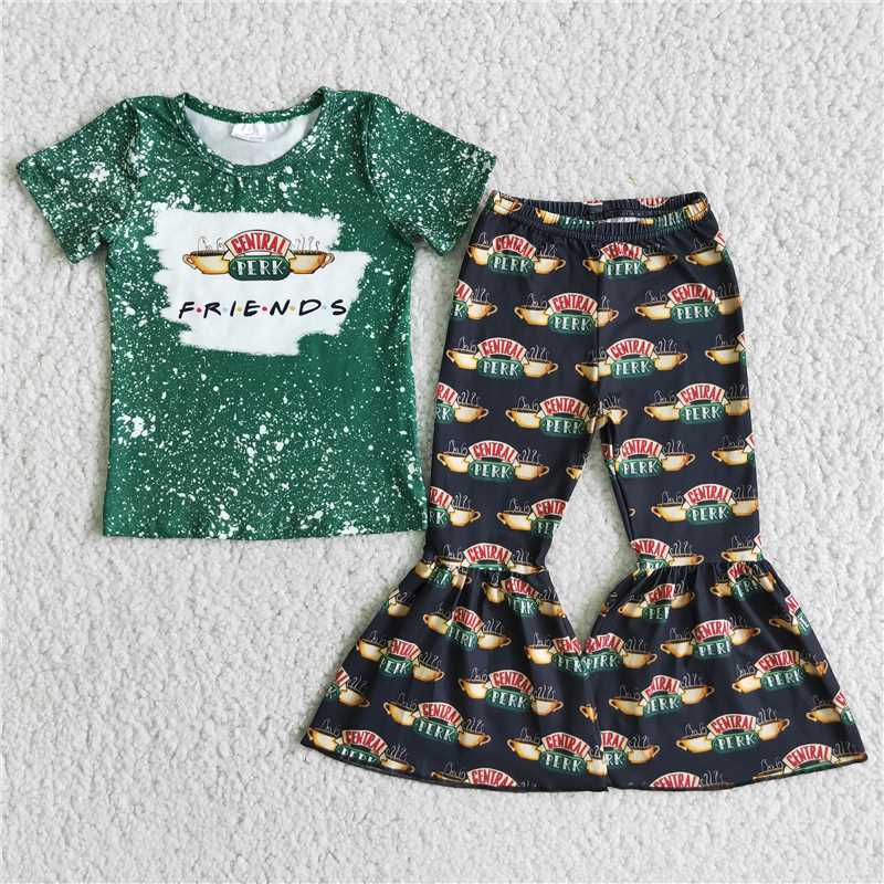 rts no moq E1-4 FRIENDS Green Short Sleeve Top and Flared Pants Set