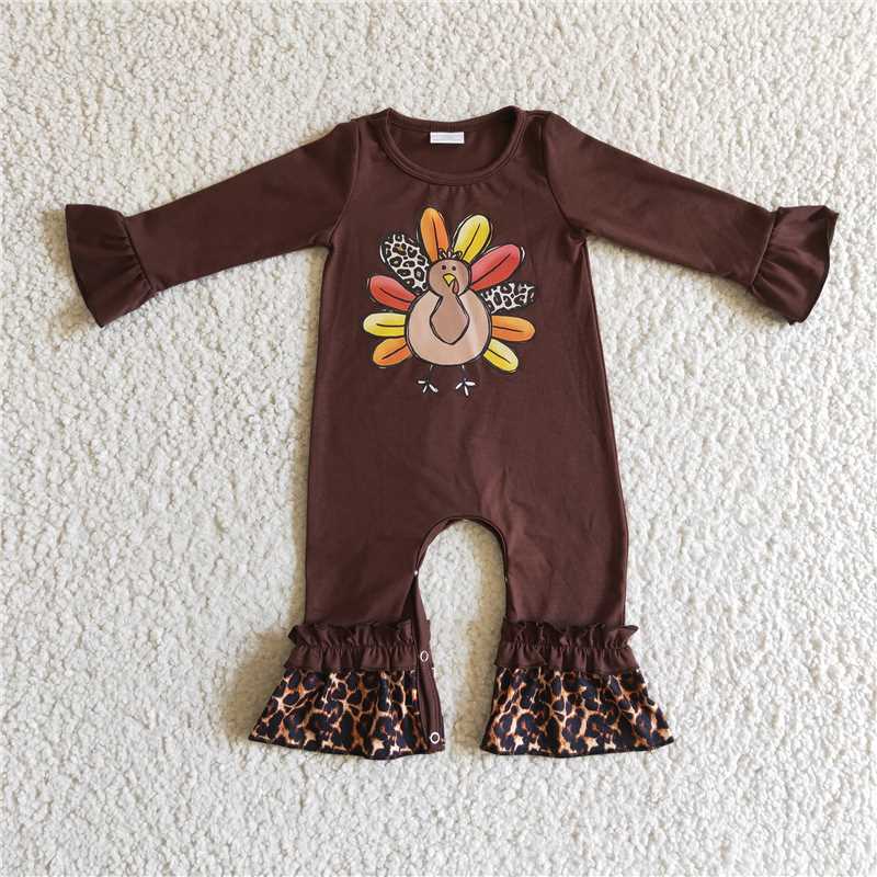 RTS NO MOQ  6 A8-12  6 A2-6 Dark Brown Embroidered Turkey Pattern Bell Sleeve Long Sleeve Suit & Romper