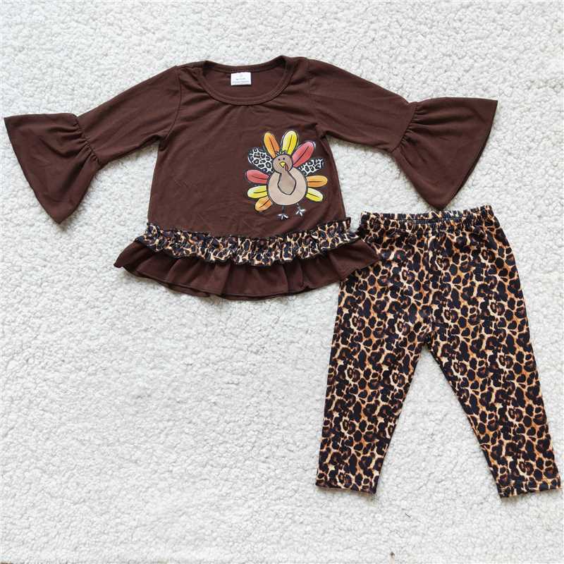 RTS NO MOQ  6 A8-12  6 A2-6 Dark Brown Embroidered Turkey Pattern Bell Sleeve Long Sleeve Suit & Romper