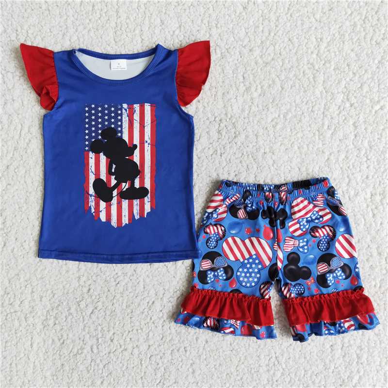 july  4th  Star Mickey Blue Flying Sleeve Shorts Set