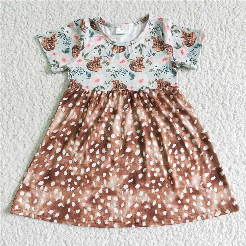 RTS GSD0035、SR0018 Girls Brown Bodysuit with Deer Pattern  Girls Deer Brown Short Sleeve Floral Dress