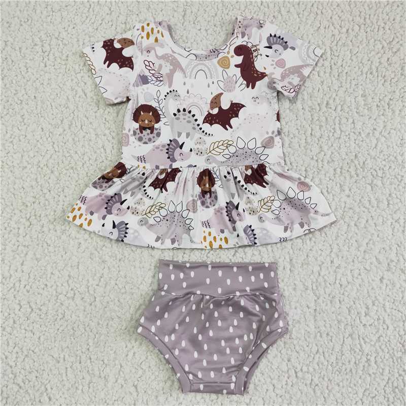 GBO0031 White dinosaur short-sleeved gray raindrop briefs set