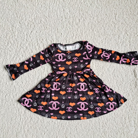 RTS NO MOQ SALES G2-24- Pink letters, orange hearts, black long-sleeved dress