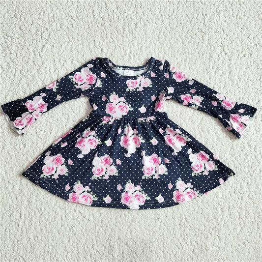 RTS NO MOQ SALES G3-4-3*.; Light pink rose with white dots and black long-sleeved dress