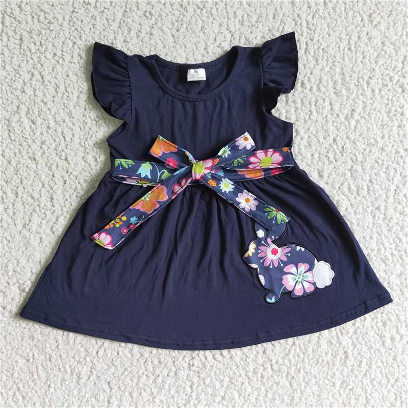 G5-14-5. Flower belt rabbit black and blue flying sleeve dress