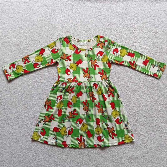 RTS NO MOQ SALES  G3-24-3*'. Green Monster Dog Green Plaid Long Sleeve Dress