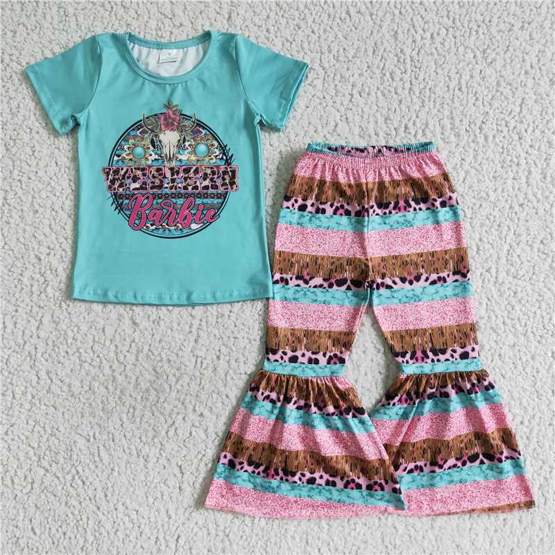 RTS NO MOQ Baby Girl Cartoon Barbie Short Sleeve Top Pants Set