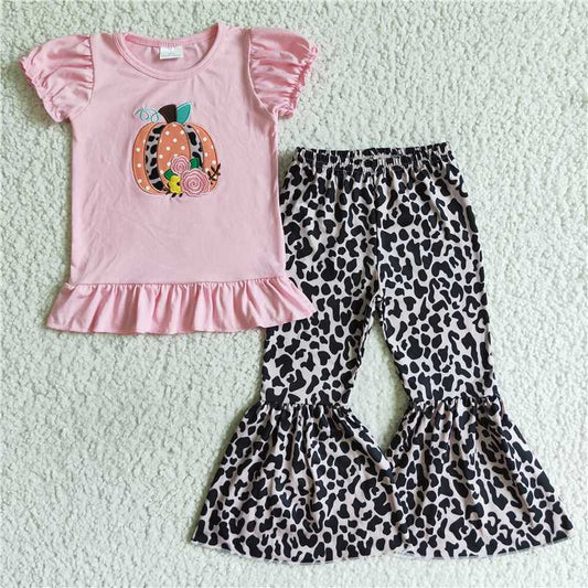 GSPO0122Girls Embroidered Pumpkin Pink Short Sleeve Leopard Print Trousers Set