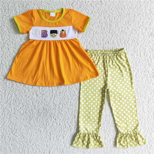 GSPO0119GSPO0119 Girls Embroidered Halloween BOO Pumpkin Short Sleeve Pants Set C7-27