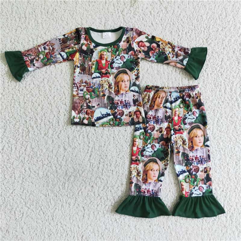 RTS NO MOQ GLP0141 BLP0051 Girls Pattern Green Long Sleeve Set: Boys & Girls