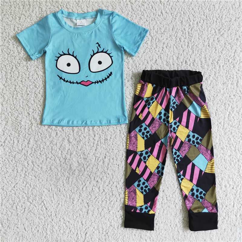 BSPO0022 Blue smiley face short-sleeved patchwork trousers suit