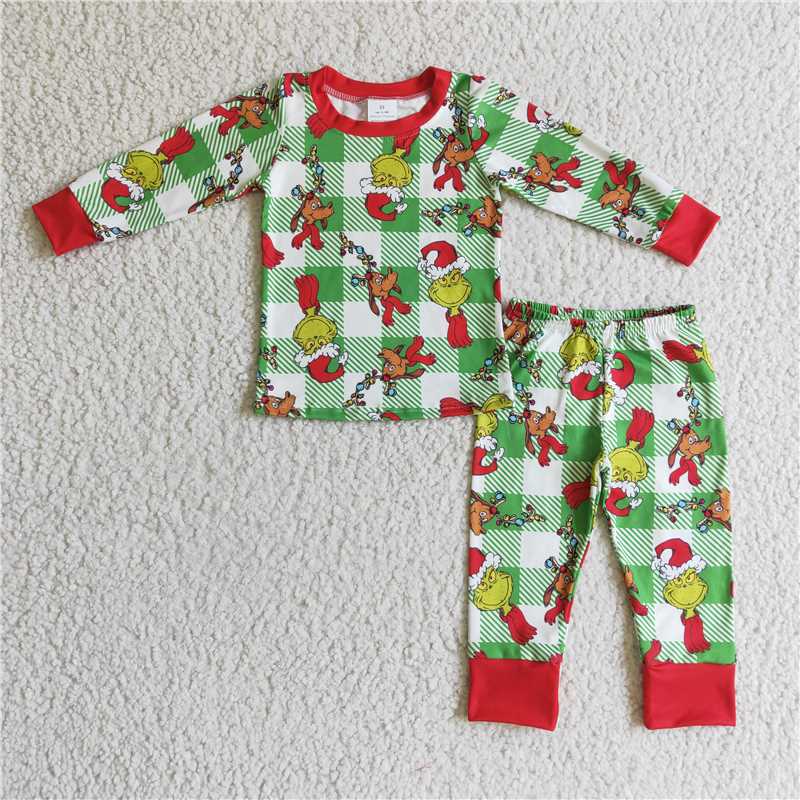 RTS NO MOQ Baby kids red and green Christmas green furry monster print long sleeve long pants pajama set