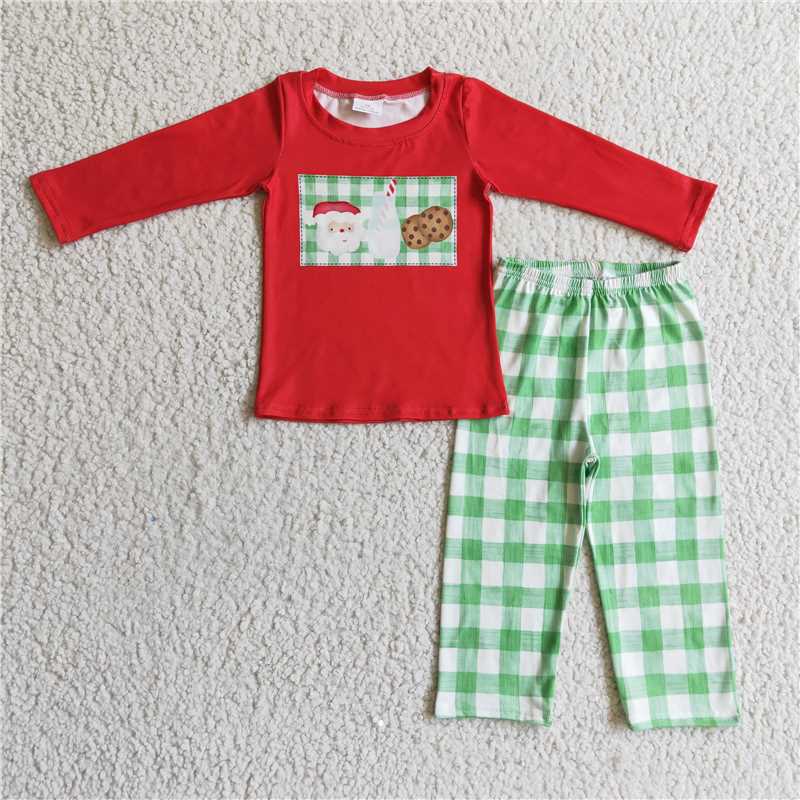 RTS NO MOQ Santa Claus Milk Cookies Red Plaid Long Sleeve Pants Suit