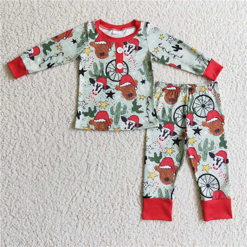 RTS NO MOQ BLP0131 GLP0320 Christmas Animals - Cactus Pattern Boys and Girls Light Red and Green Long Sleeve Outfit