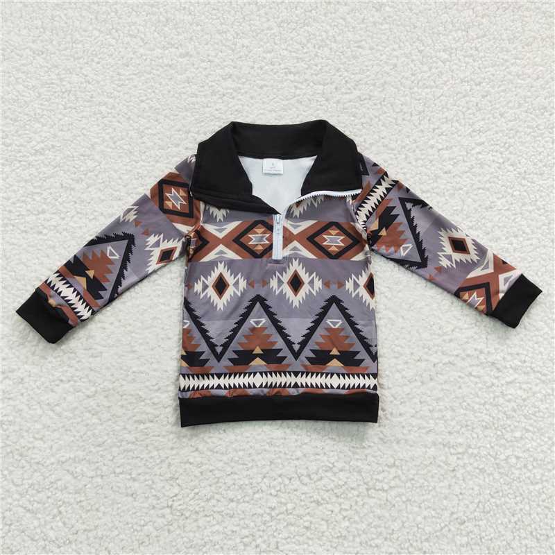 RTS NO MOQ Western Wash Face Long Sleeve Zip Top Aztec geometric figures