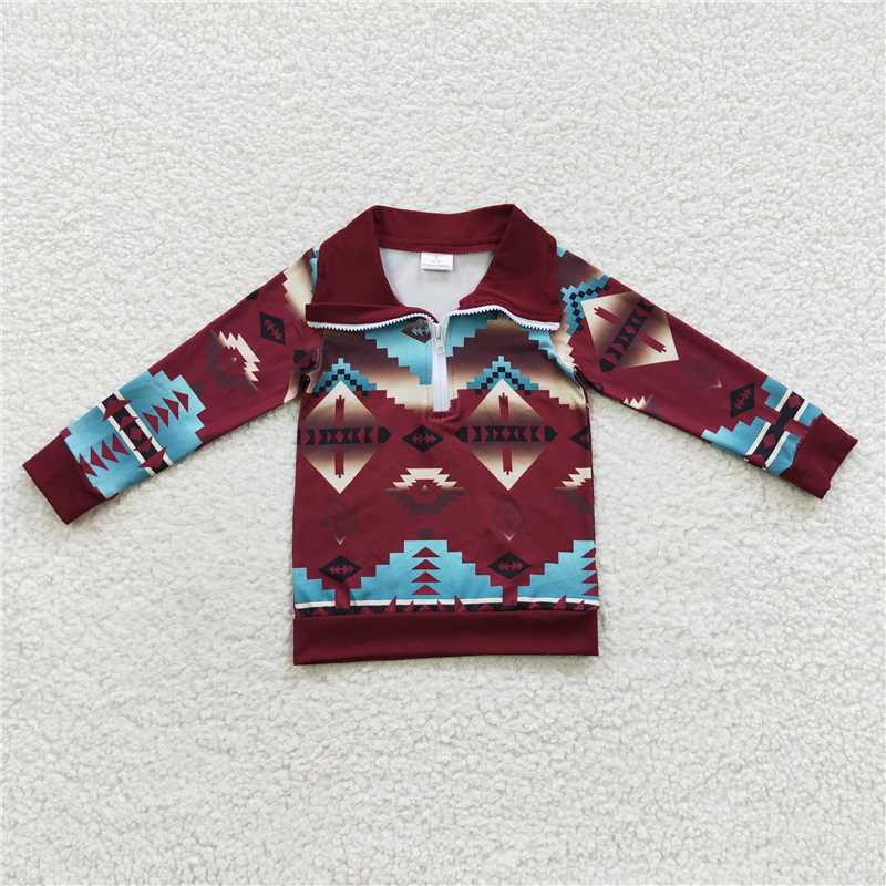 RTS NO MOQ Western Wash Face Long Sleeve Zip Top Aztec geometric figures