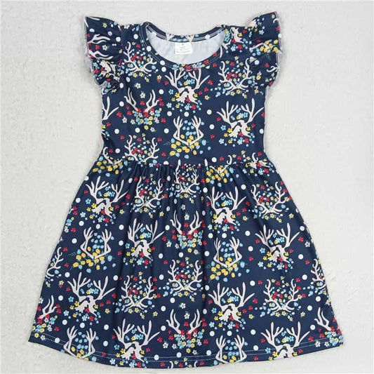"G4-4-6[;] Deer antler colored flower dark blue flying sleeve dress"