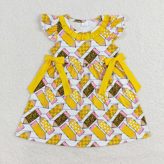 RTS no moq GSD1038 Leopard print polka dot pencil yellow lace bow flying sleeve dress