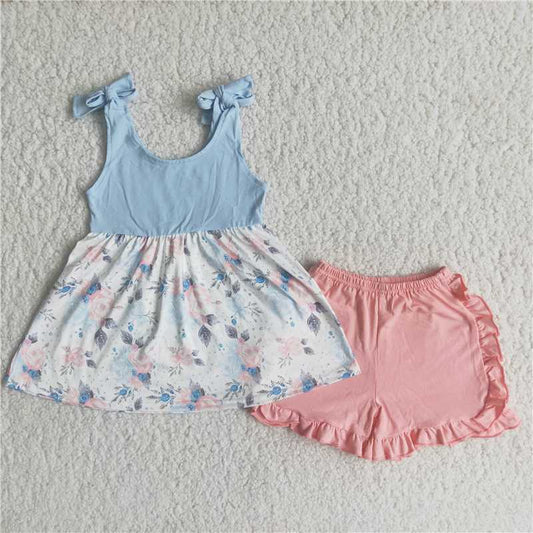 C0-12 Sky Blue Bandage Floral Skirt Shorts Set