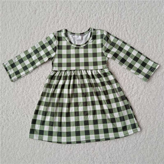 RTS NO MOQ SALES  G2-24‘】\\’ Black, green and white plaid long-sleeved dress