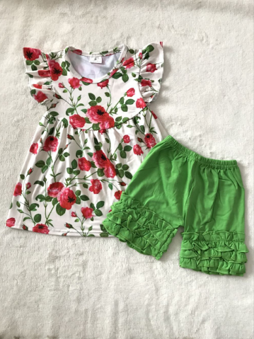 RTS SALES NO MOQ Red flower flying sleeves top and green shorts set