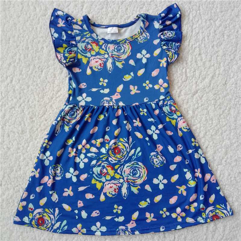 RTS SALES NO MOQ G3-3-3*/ Dark blue skirt with yellow pattern and small flying sleeves