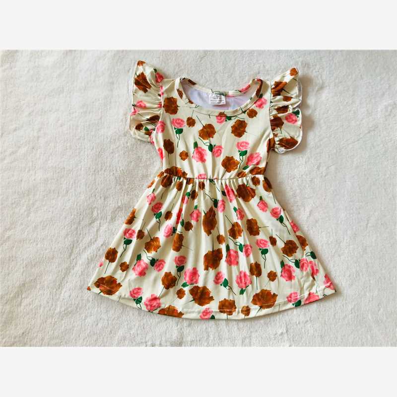 RTS SALES NO MOQ G3-22-. Pink + brown flower beige flying sleeves dress